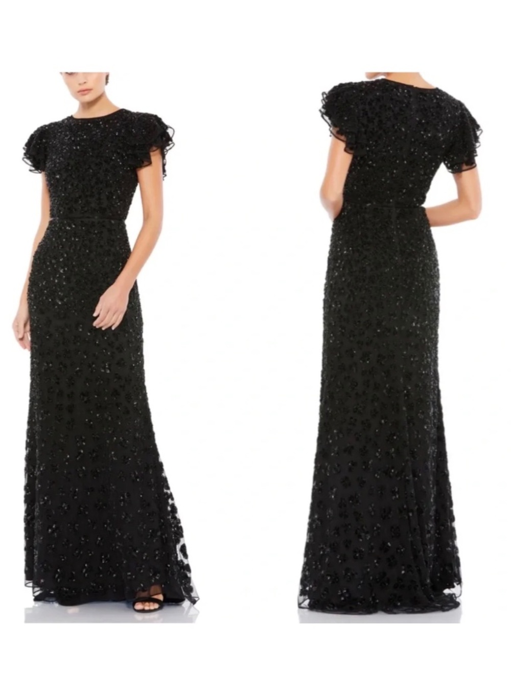 Mac Duggal High Neck Flutter Sleeve Black Beaded Gown Size 14